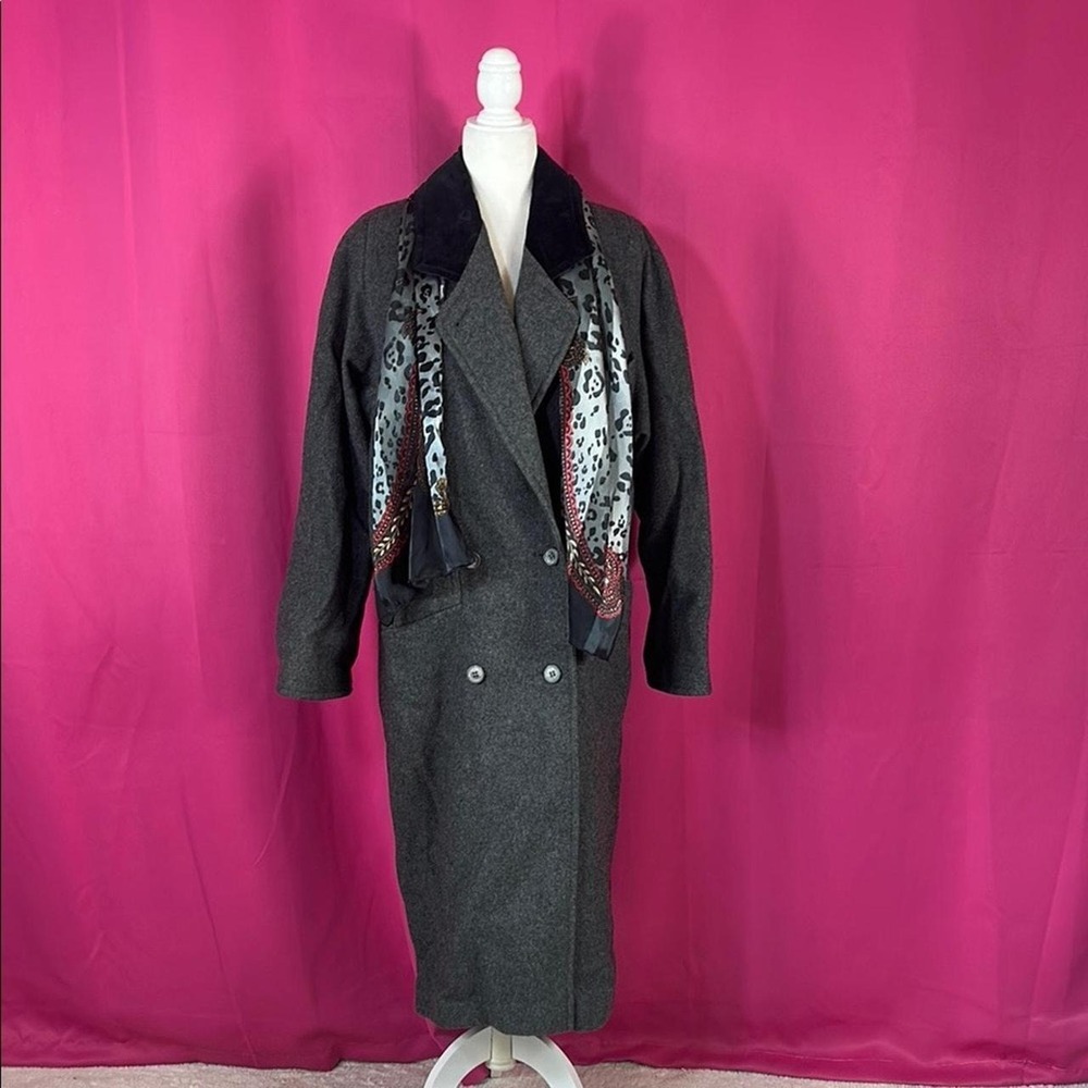 Vintage 80s 90s International Scene grey long wool cocoon coat with scarf 9 10